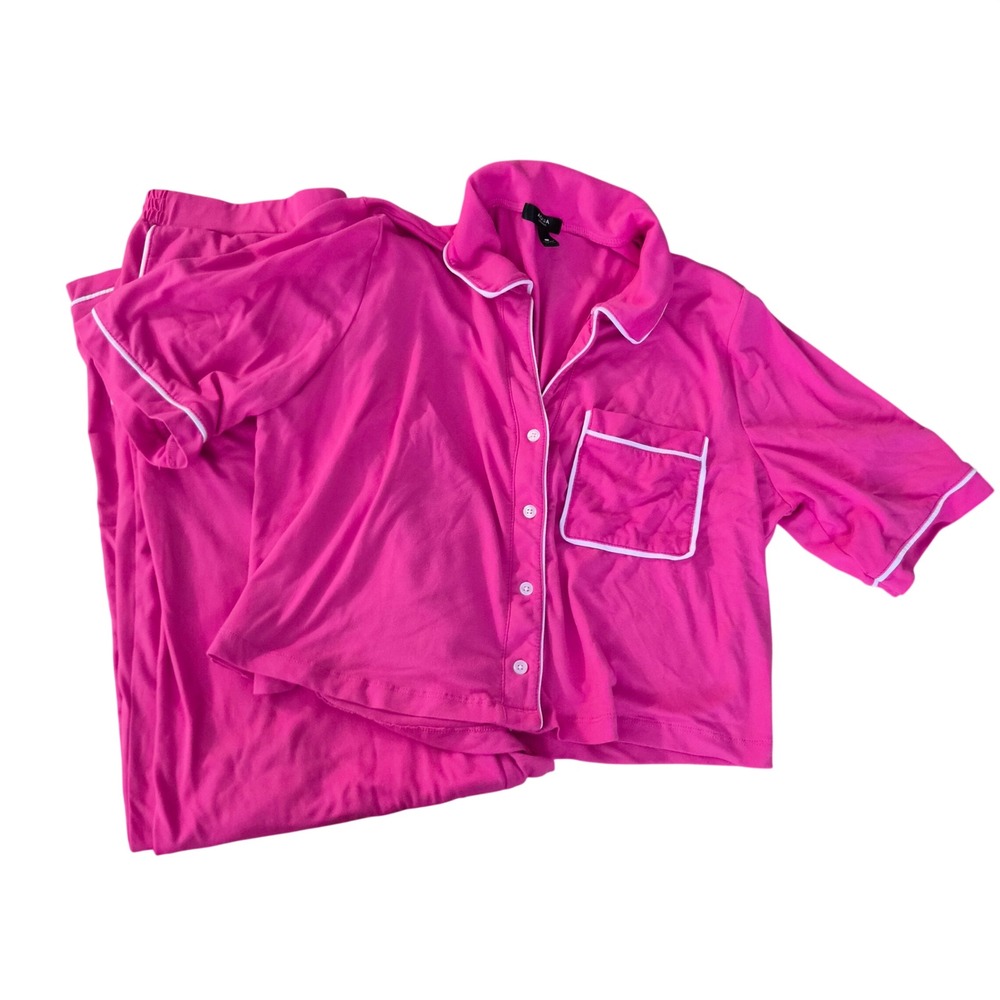 Aqua Lounge Pink Pajama Set Short Sleeve Button Down Top Long Pants Size L
